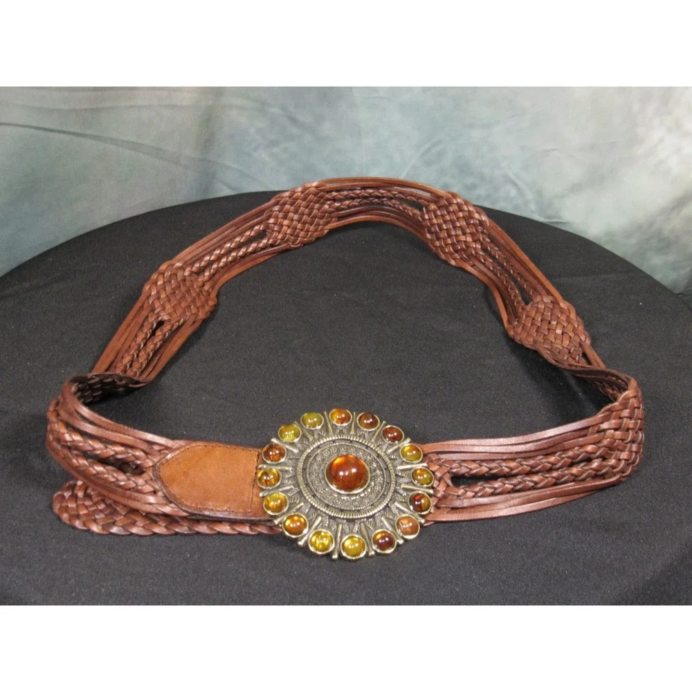 IOS Brown Woven Braided Leather Belt Amber Cabochon Medallion Buckle L/XL 68364